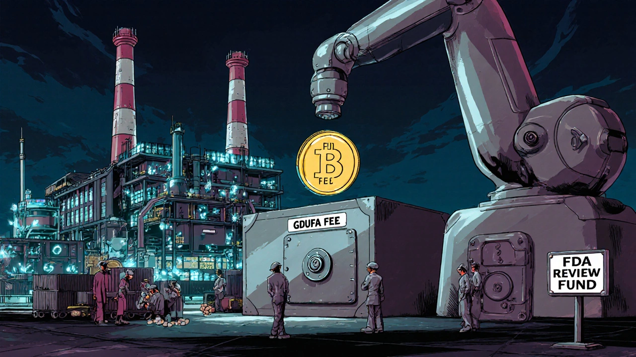 A foreign drug factory with a giant fee coin dropping into an FDA vault, contrasted with a small lab struggling under costs.