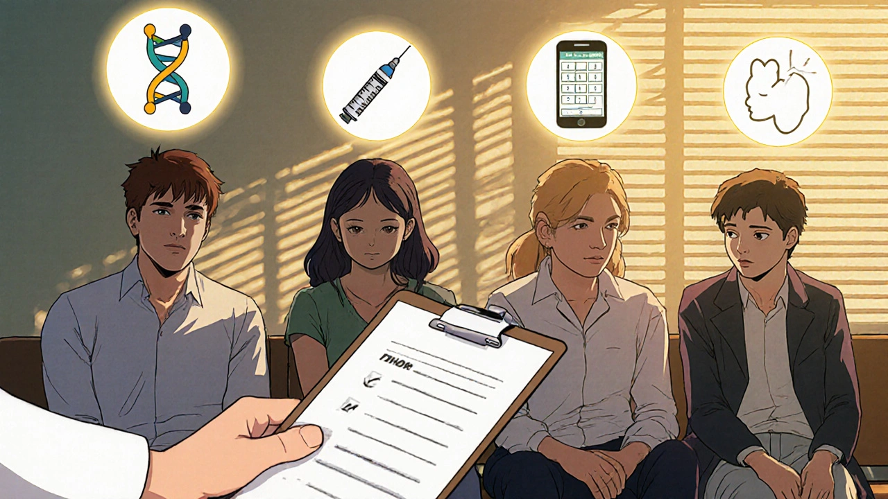 A group of patients in a clinic with glowing symbols representing genetic testing, injections, and mood tracking.