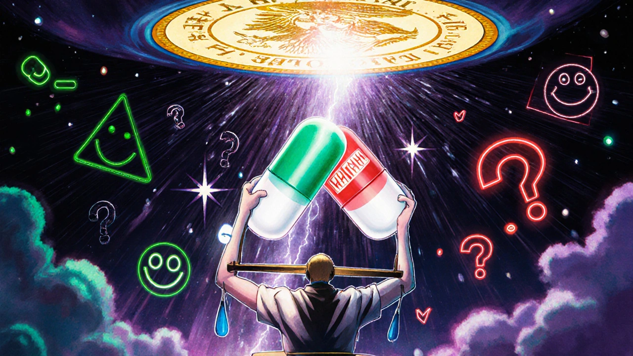 A patient between two worlds—safe generic drugs on one side, danger on the other—with a glowing FDA seal above.