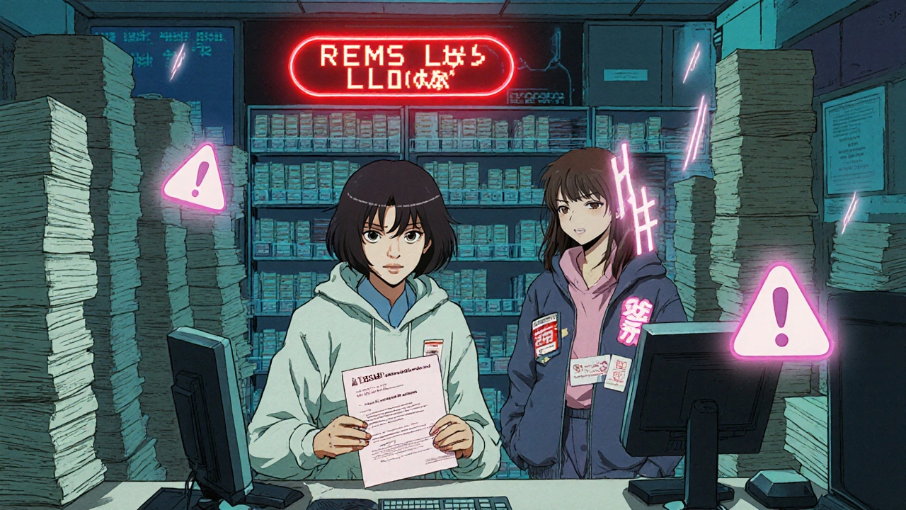 A pharmacist struggling with a REMS system, surrounded by paper files and flickering monitors as a patient waits anxiously.
