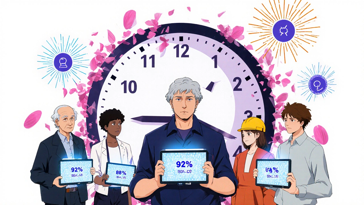 Diverse people using tablets with holographic CBT-I guides as a shattering clock turns into blooming sleep efficiency icons.