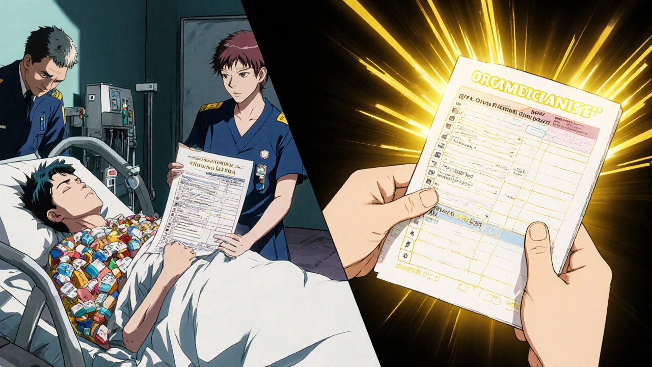 ER scene contrasts chaotic meds with a glowing, organized medication action plan.