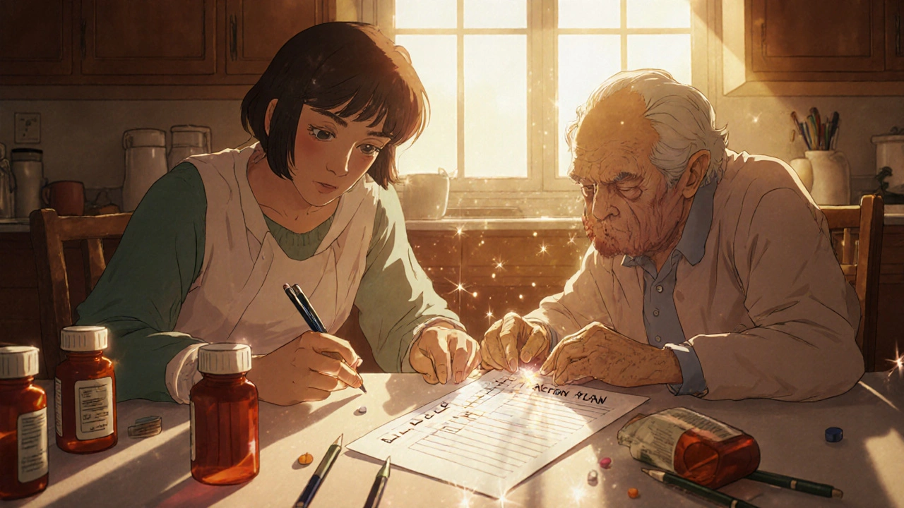 Family caregiver and elderly person update a medication plan at home with pill bottles.