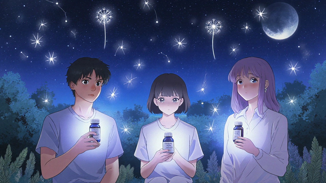 Group of people in a moonlit garden calm as stress transforms into fading seeds.