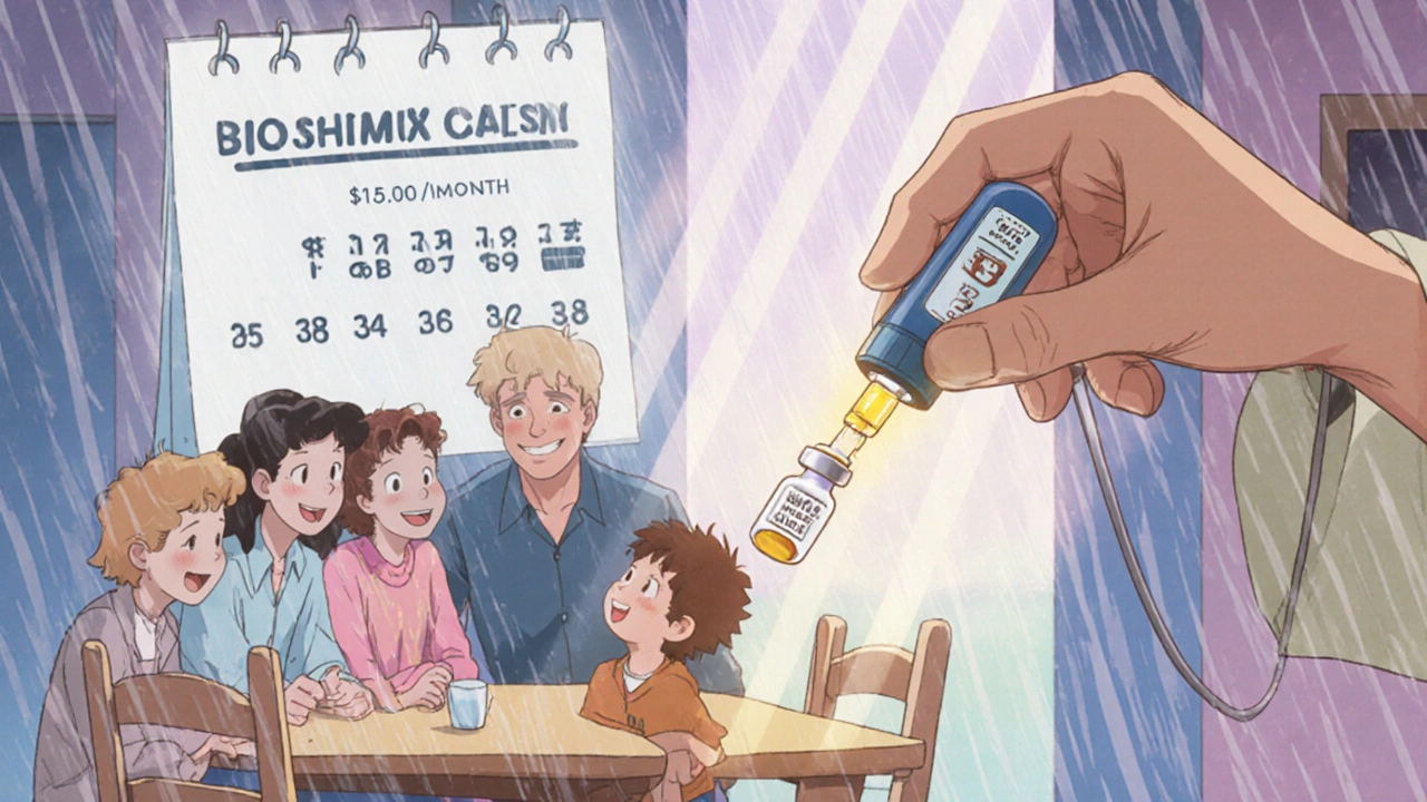Hand placing biosimilar vial into insulin pump with family smiling and price drop overlay in soft golden light.