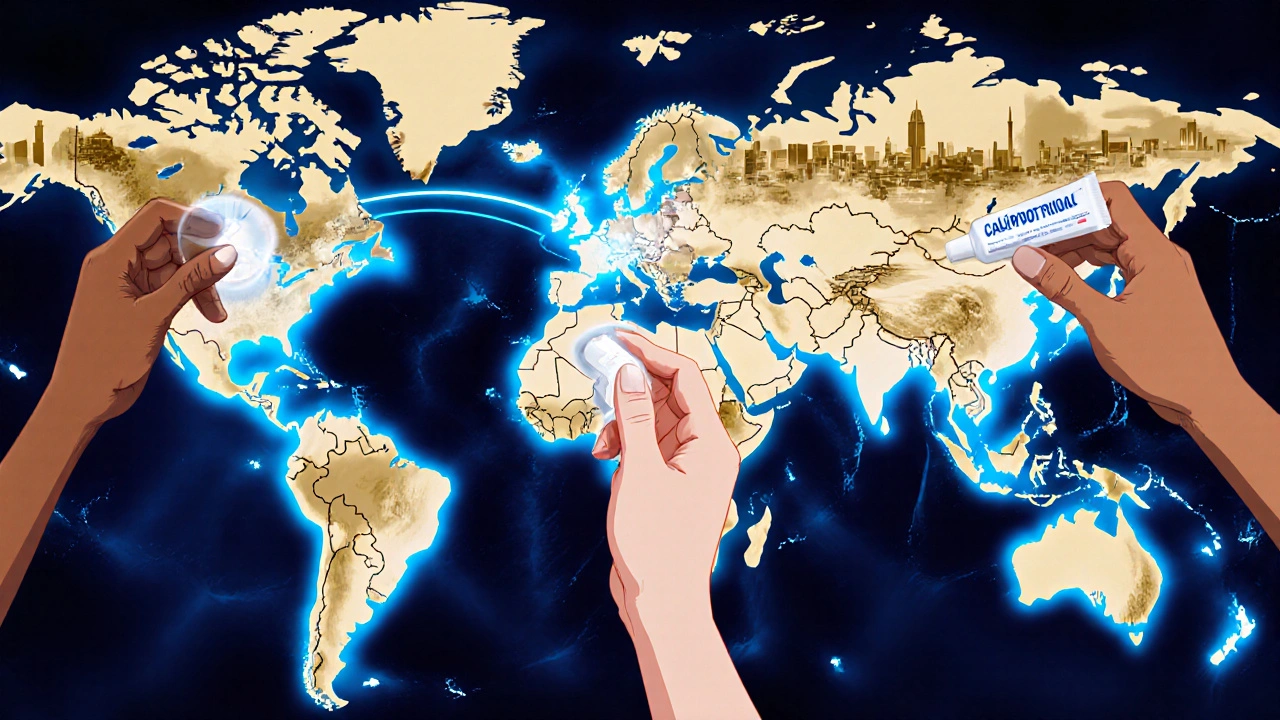 Hands from three continents applying calcipotriol, connected by glowing vitamin D pathways across a world map.