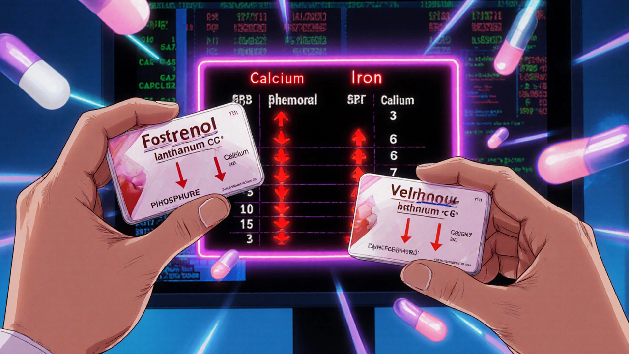 Hands holding chewable kidney binders with blood test results in background.