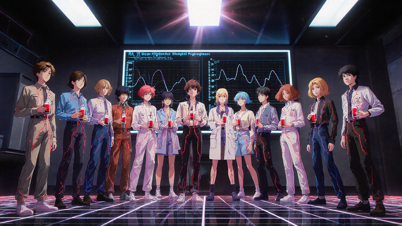 Healthy volunteers in a lab with glowing drug absorption paths tracing through their bodies.