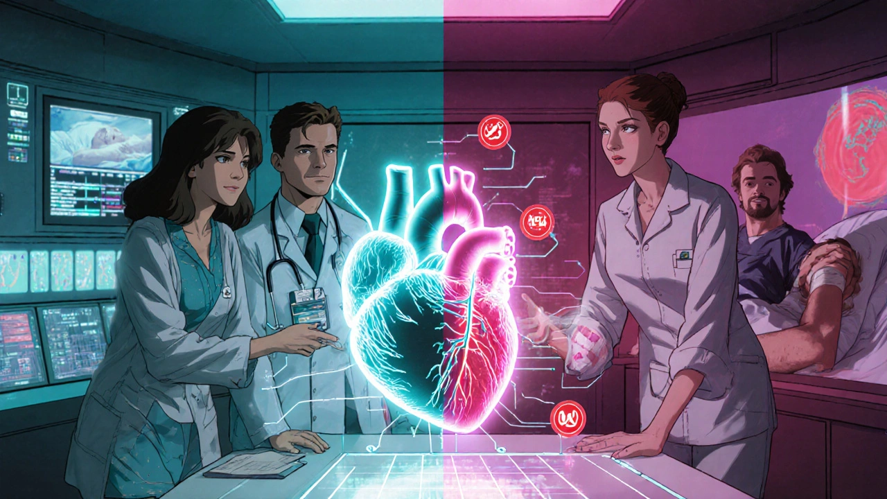 Heart team analyzing a holographic heart model with diabetes icons and patient recovery scenes in 80s anime style.
