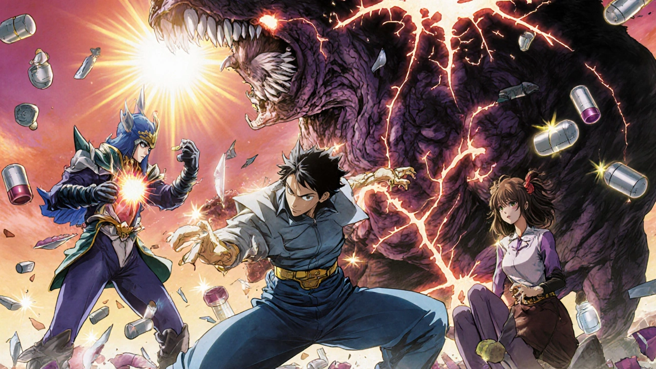 Heroic sevelamer battling calcium monster while iron binders heal kidneys.