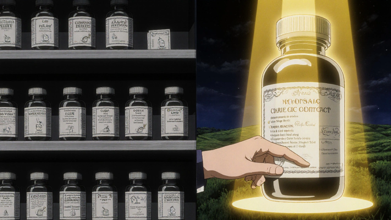 High-quality clary sage supplement glowing beside fake supplements in a split scene.