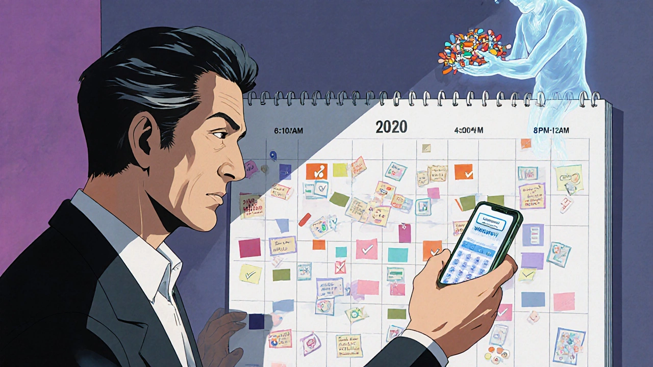 Man checking a color-coded wall calendar with pill icons and time blocks for medication schedule.