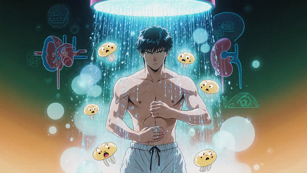 Man cleaning under foreskin with water, cartoon yeast cells dissolving, protective water droplet halo.