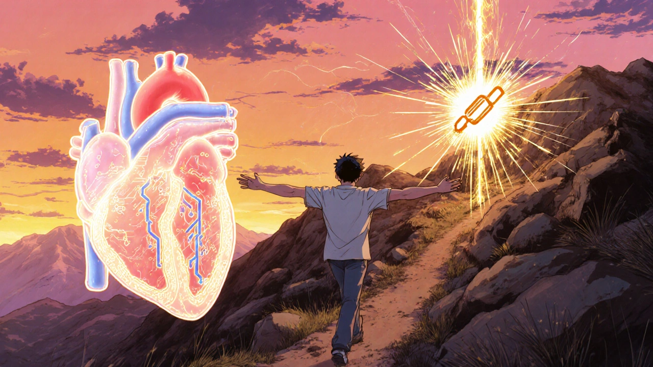Patient hiking with glowing arterial grafts visible under skin, fading stent symbol dissolving in sunset light.