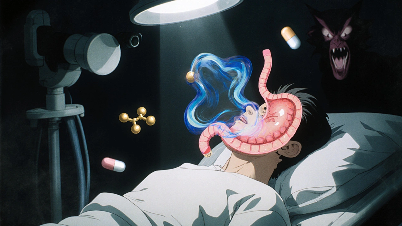 Patient under endoscope with protective PPI molecules shielding stomach from bleeding ulcer.