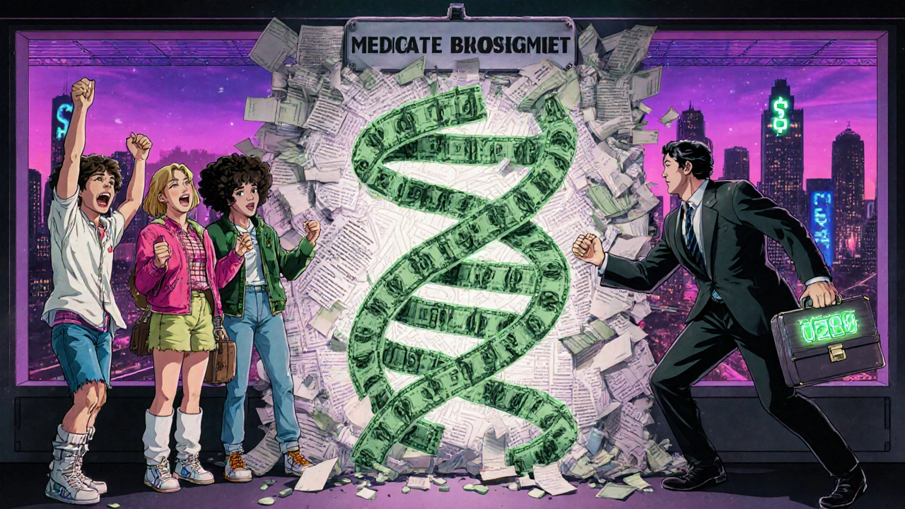 Patients breaking through patent thicket wall as PBM tries to stop them, with savings numbers glowing in background.