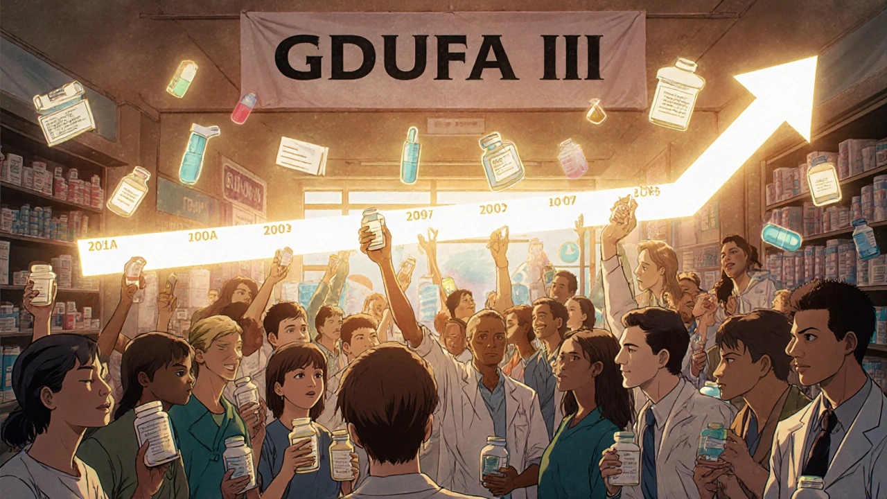 Patients in a pharmacy as a timeline shrinks from years to months, representing GDUFA&#039;s impact on drug access.