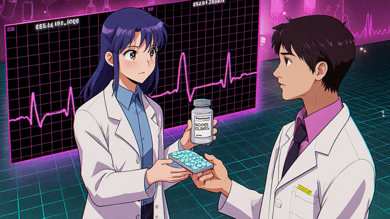 Pharmacist giving generic pills while split-screen shows stable vs. dangerous blood levels.