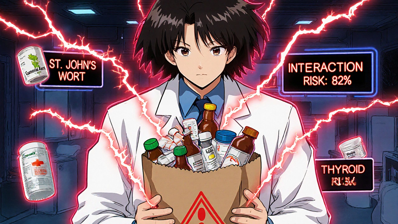 Pharmacist holding a bag of medications with glowing red warning lines between conflicting drugs.
