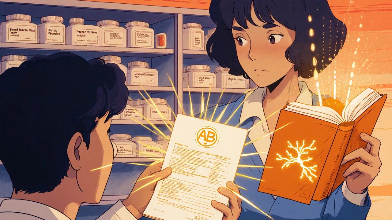 Pharmacist holding a prescription with an &#039;AB&#039; rating, generic drugs glowing softly in the background.