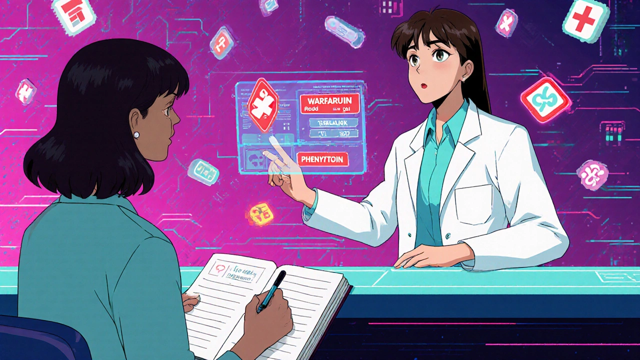 Pharmacist reviewing digital medication history with alert icons for high-risk drugs.