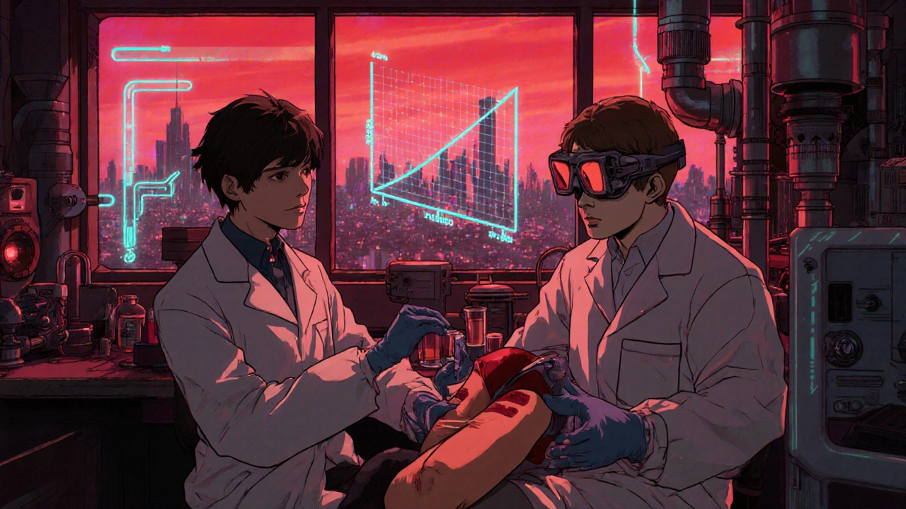 Scientists in a futuristic lab analyzing drug concentration graphs with holographic displays.