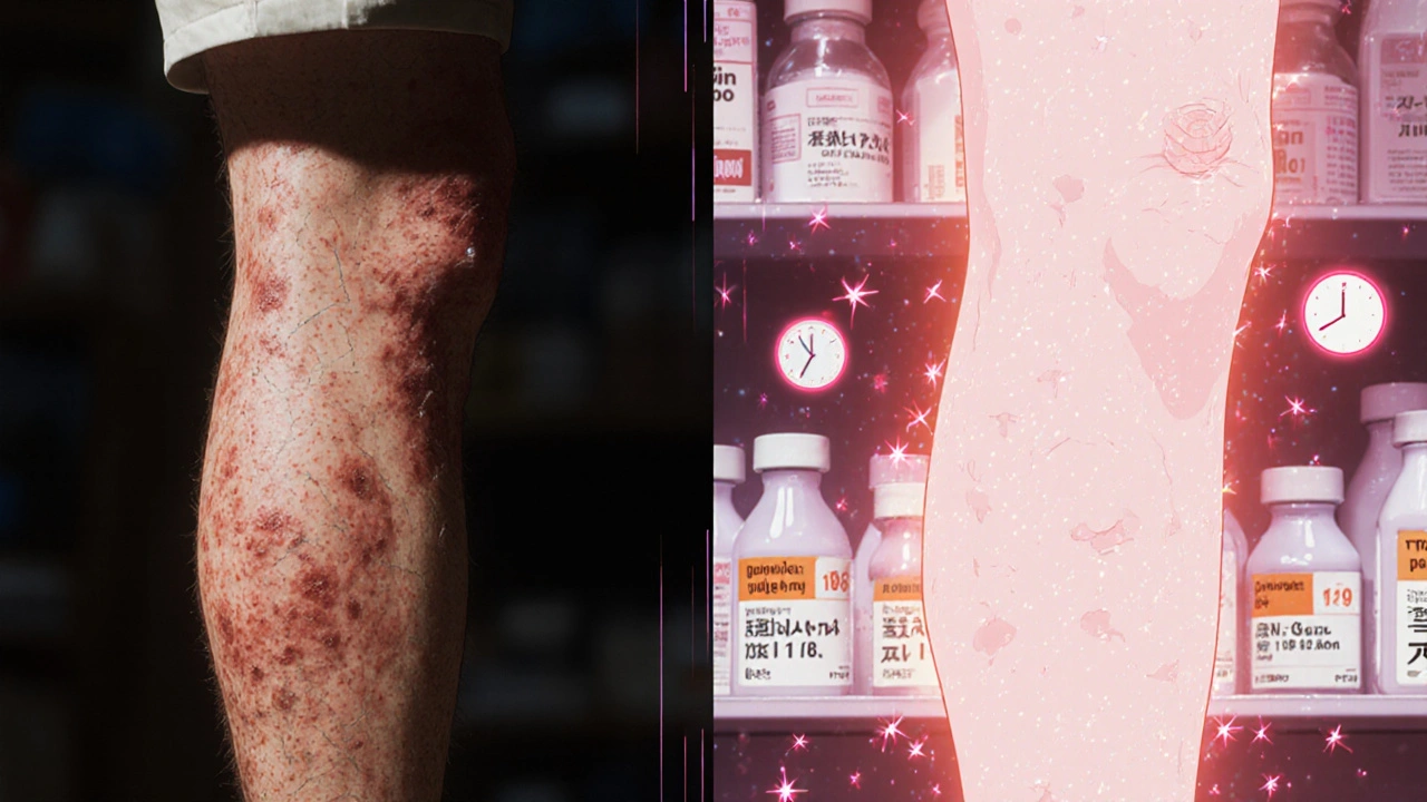 Side-by-side image of psoriasis plaques transforming into smooth skin with glowing cellular patterns.