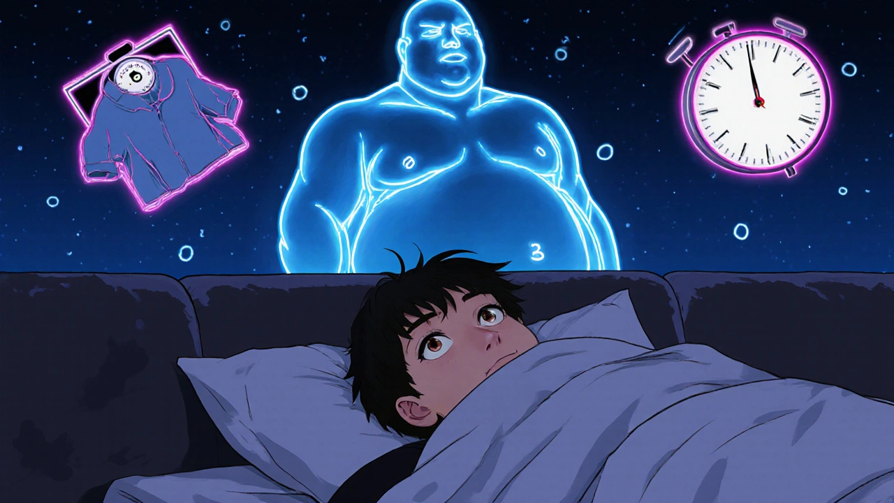 Someone lying on a couch with a ghostly heavier version of themselves above, symbolizing medication weight gain.