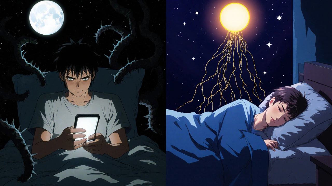 Split scene: one side shows anxiety in bed with phone glow, other shows peaceful sleep with golden neural pathways to sunrise.