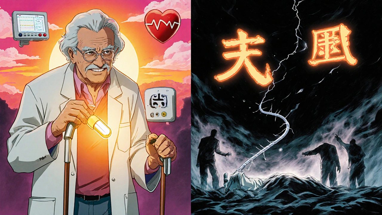 Split scene: patient taking PPI safely vs. dangerous stent failure, illustrating medical balance.