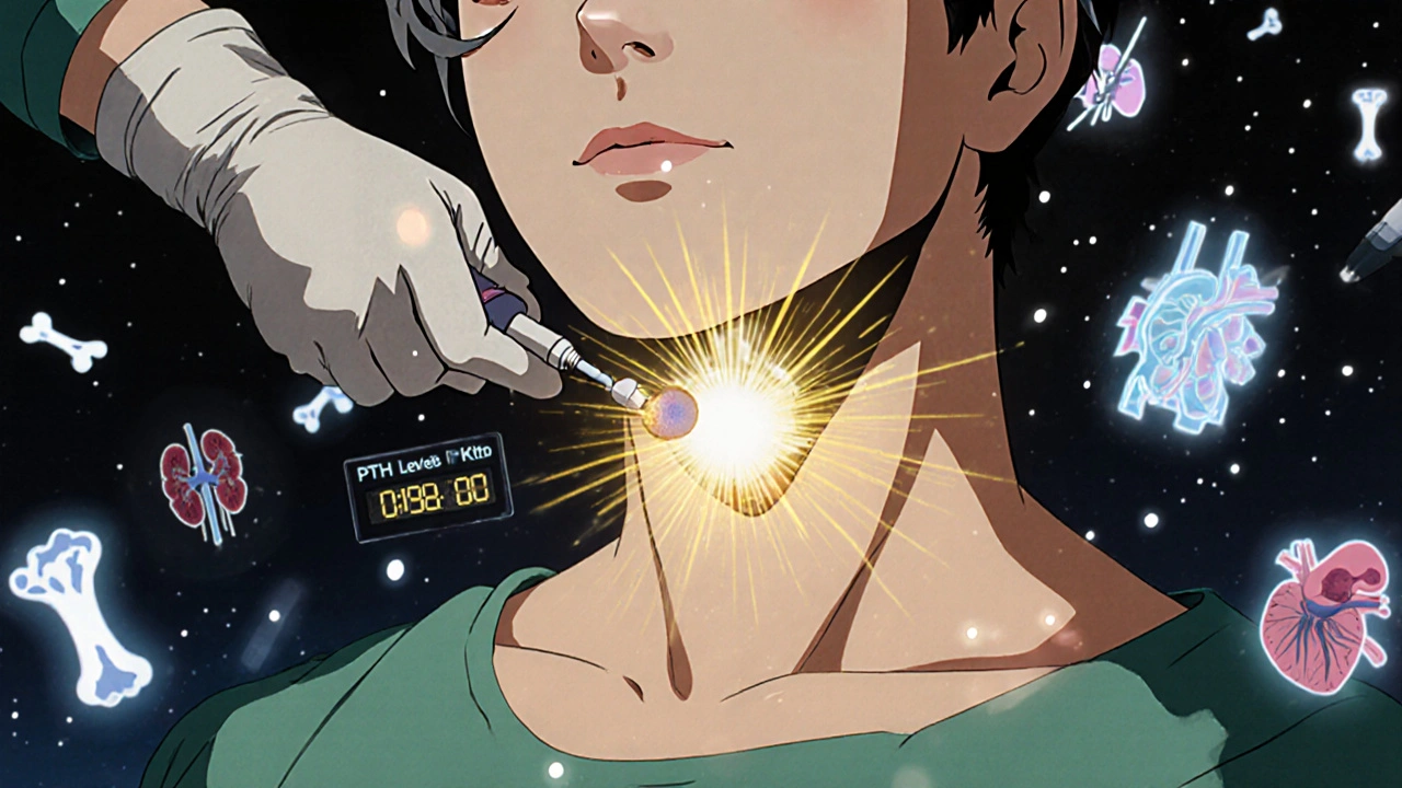 Surgeon removing a glowing adenoma as calcium particles dissolve in radiant light during parathyroid surgery.