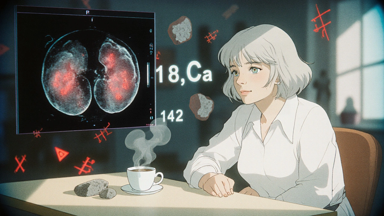 Woman with brain fog surrounded by floating blood test numbers and ghostly bone images in 80s anime style.