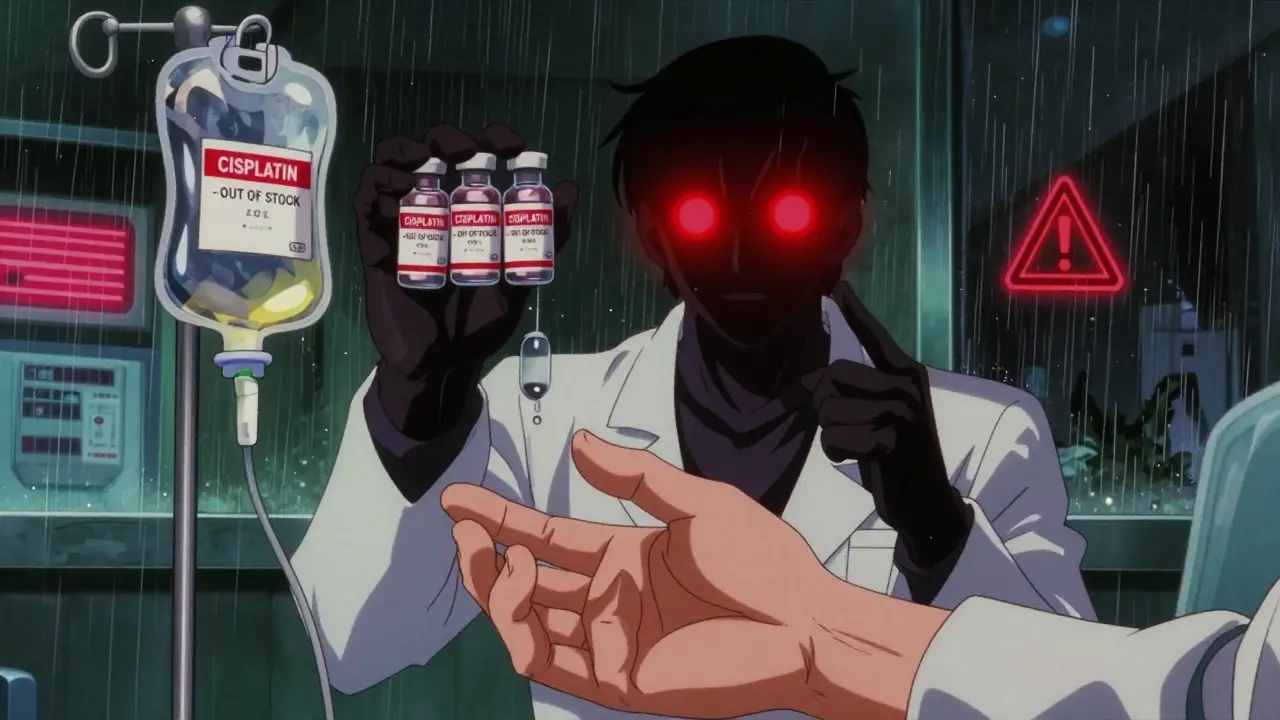 A child's hand receiving a nearly empty IV bag while a pharmacist holds up empty vials labeled 'Cisplatin - Out of Stock'.