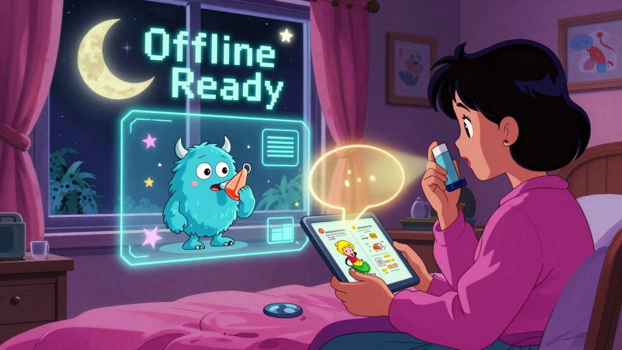 A child and grandmother learning health concepts on tablets with glowing holograms in a cozy bedroom.