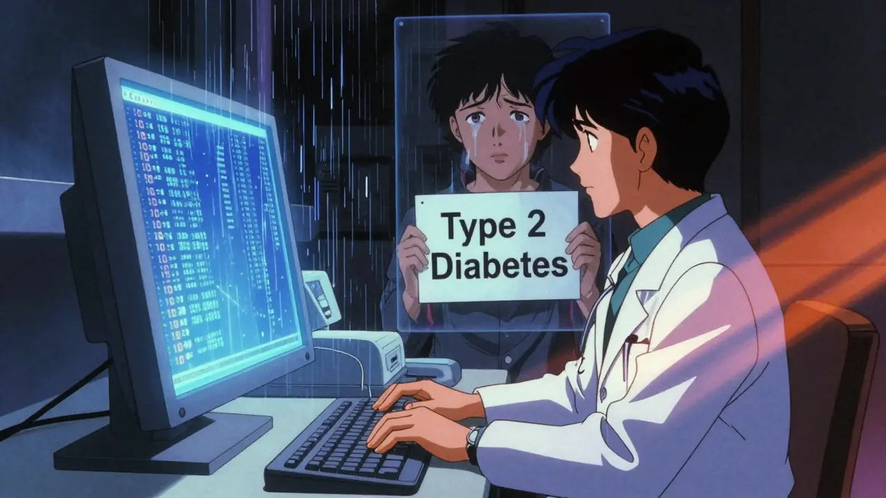 A doctor types codes on a glowing screen as a patient's emotional face appears behind in contrasting colors.