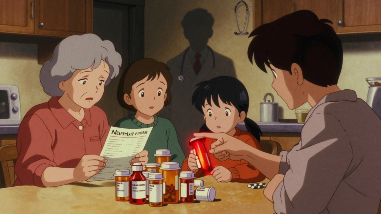 A family reviews medications at the kitchen table, one woman holding a warning list under warm 80s lighting.