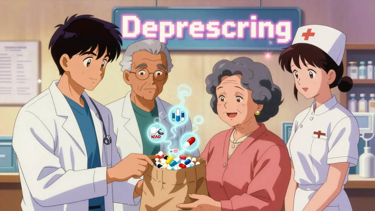 A healthcare team reviewing medications with an older woman using a brown bag method.