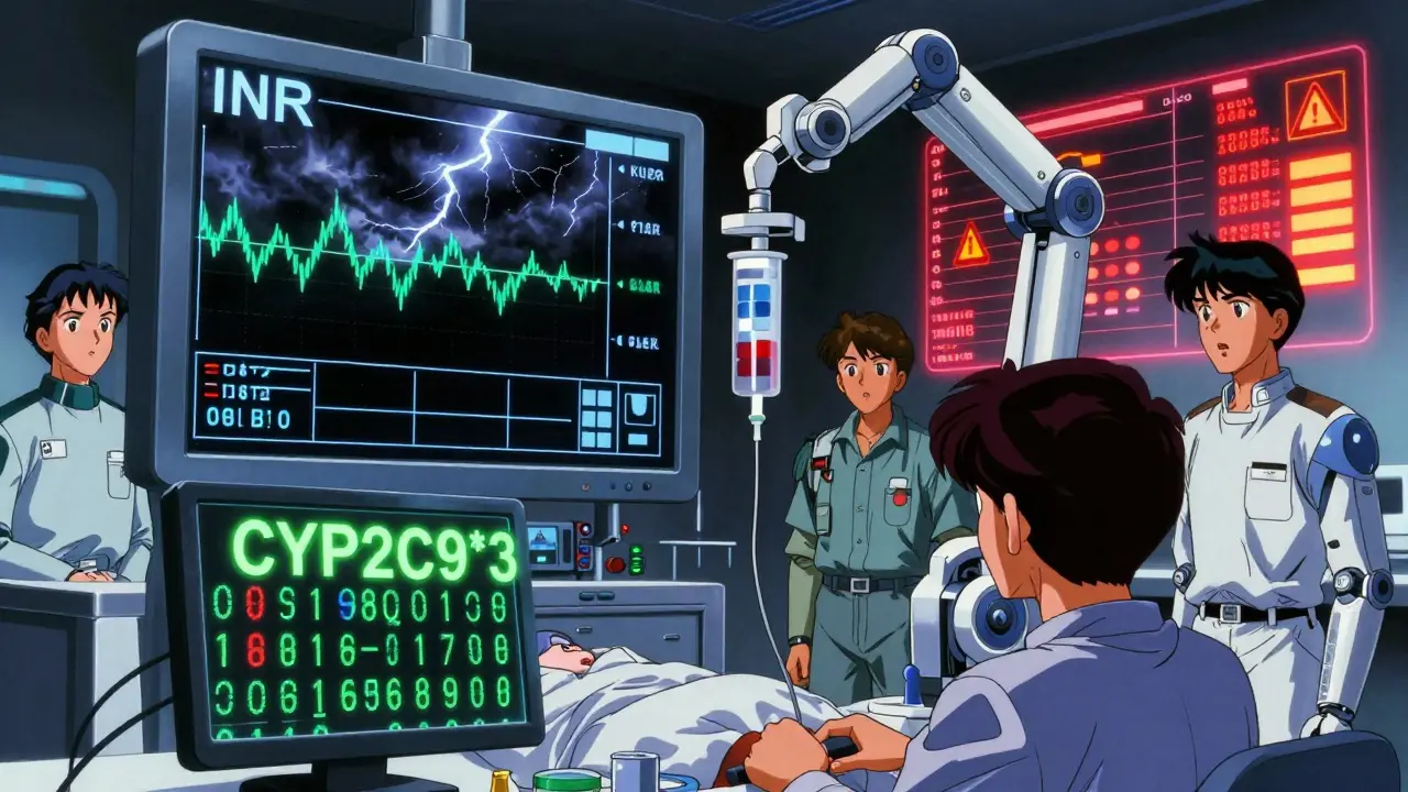 A high-tech monitoring room with real-time INR storms and genetic code glowing in 80s anime aesthetic.