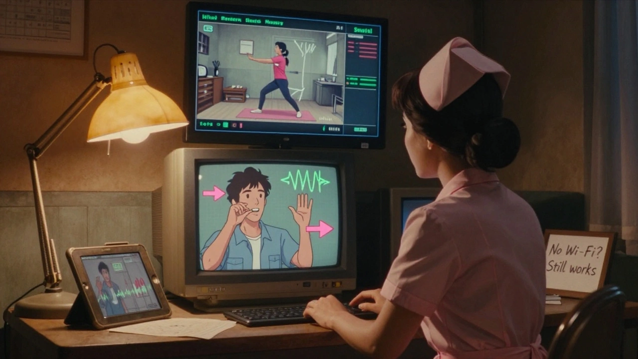 A nurse watches AI analysis of a patient&#039;s pill-taking motion on a flickering screen in a rural clinic.