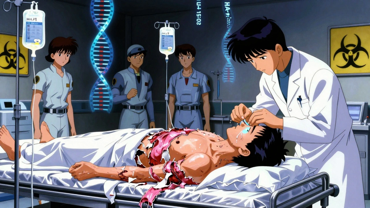 A patient in a hospital burn unit with detached skin, medical staff administering care under sterile lights, glowing gene markers in background.