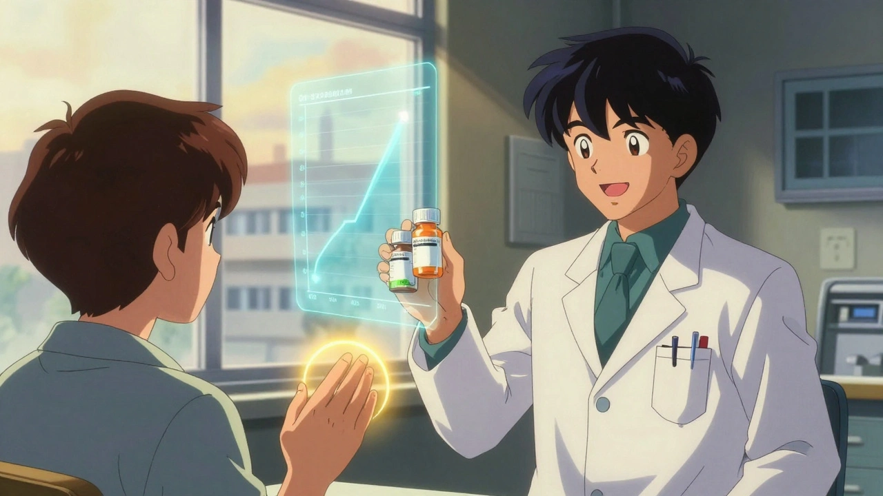 A pharmacist and patient share pill bottles in a sunlit clinic, with a glowing adherence chart behind them.