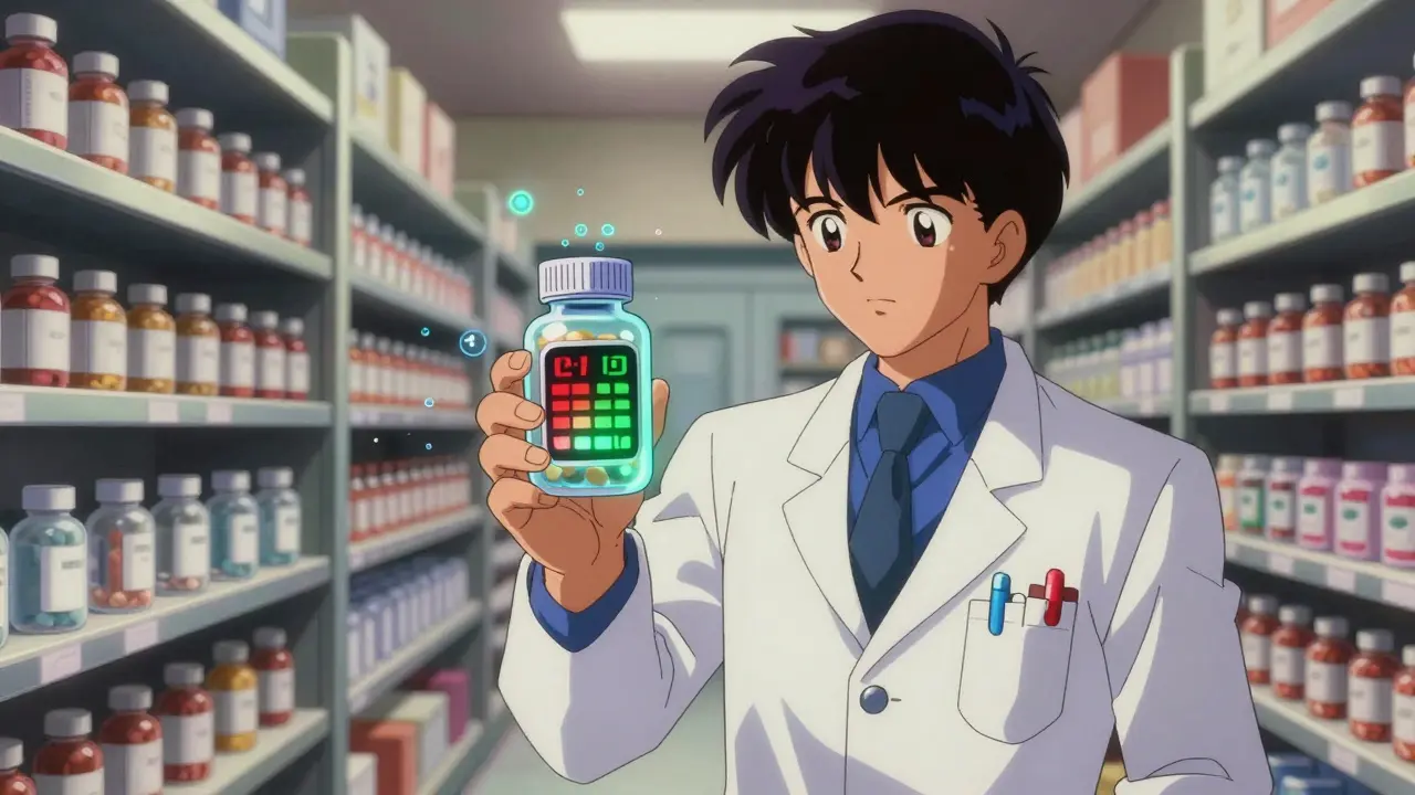 A pharmacist holding a smart pill bottle with a changing digital expiration display.