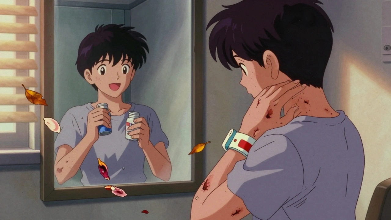 A survivor touching scarred skin, holding a medical alert bracelet, reflecting their past self in a mirror with floating skin fragments.