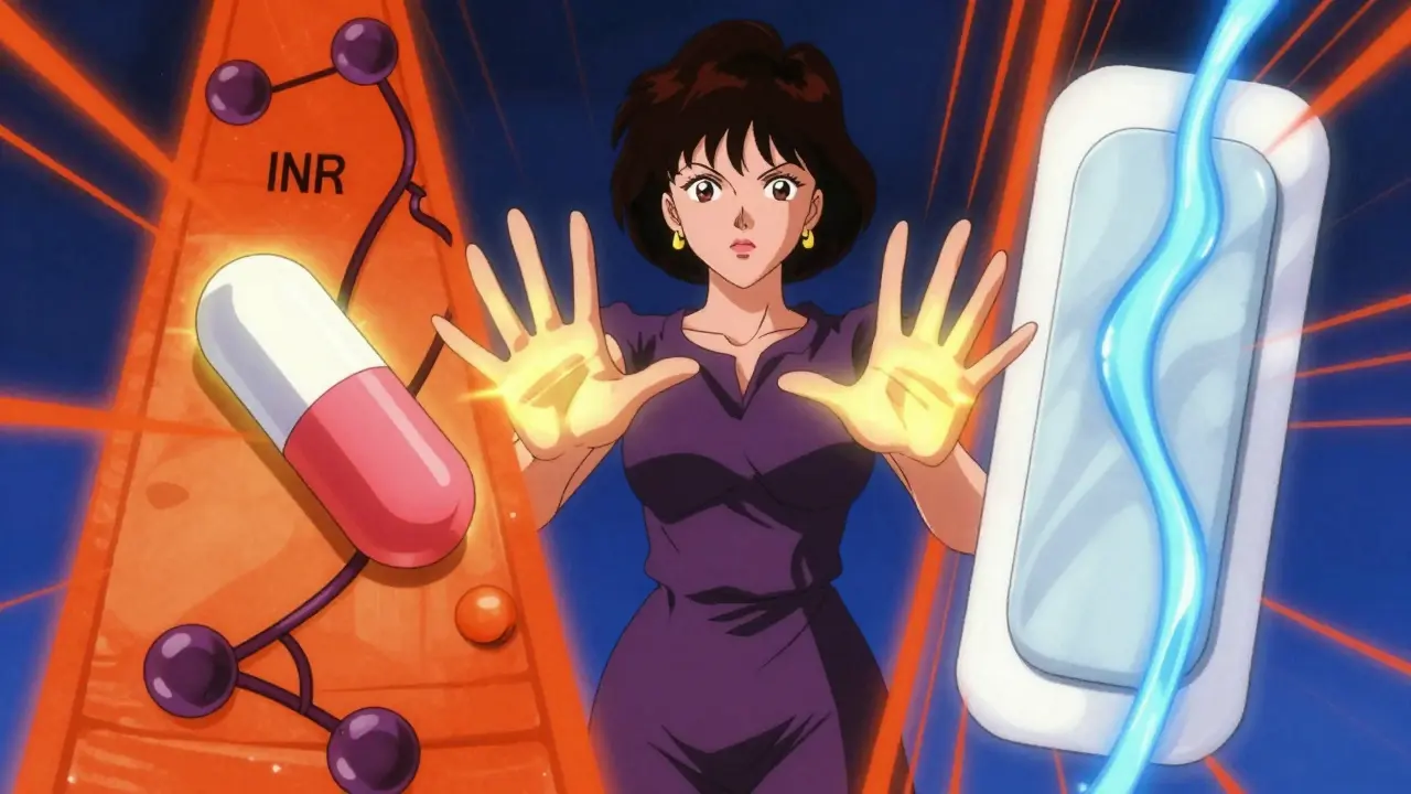 A woman choosing between oral estrogen and transdermal patch, with contrasting energy flows in 80s anime style.