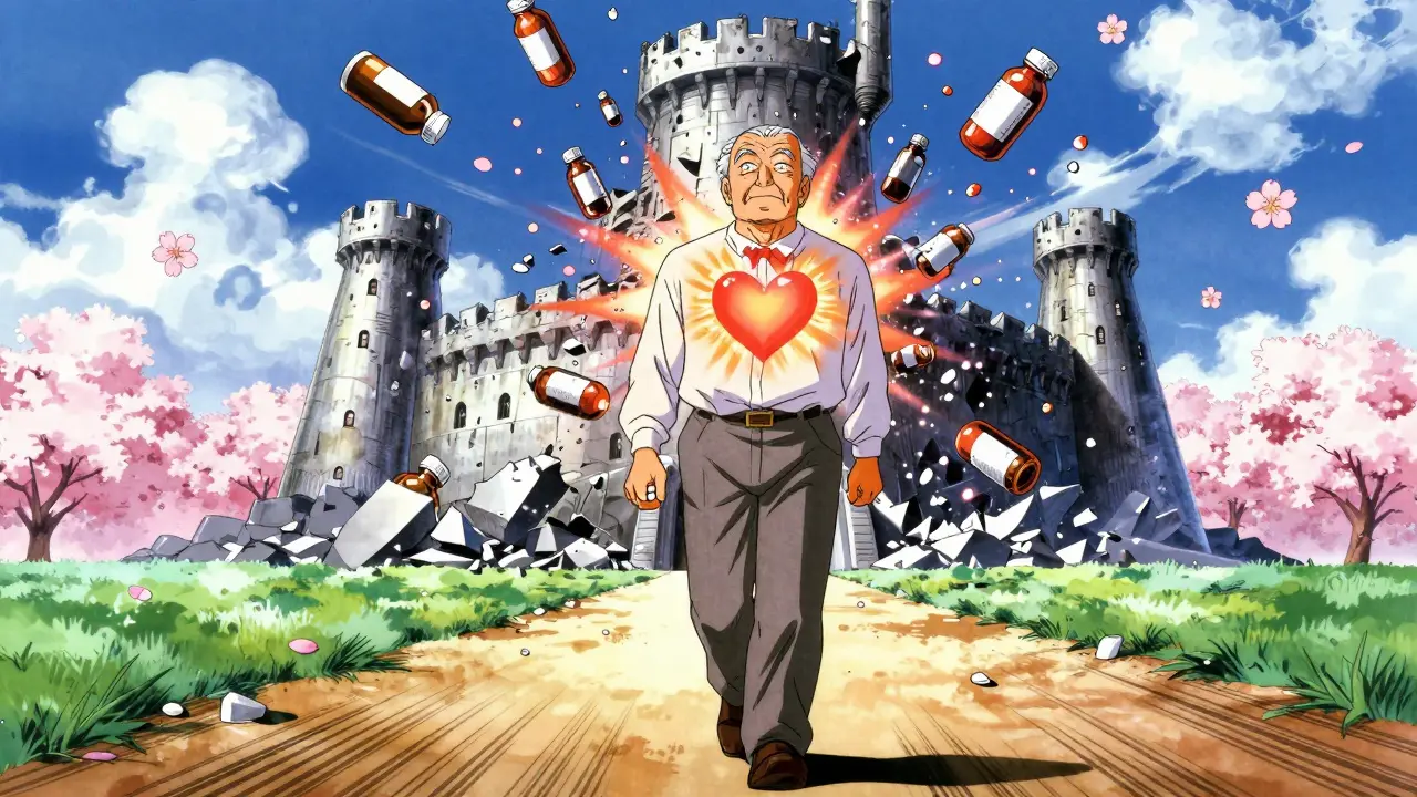 An older adult walking forward, leaving behind a collapsing pile of unnecessary pills.