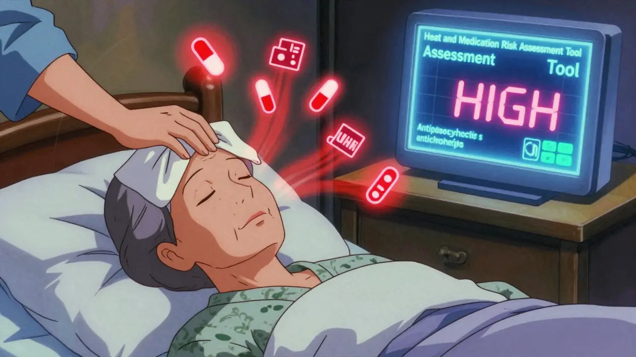 Caregiver cooling an elderly woman’s temple as a digital heat risk tool glows in the background.