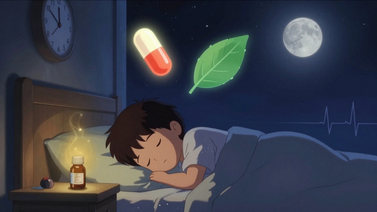 Child sleeping peacefully with melatonin glow and balanced stimulant vs. non-stimulant symbols above.