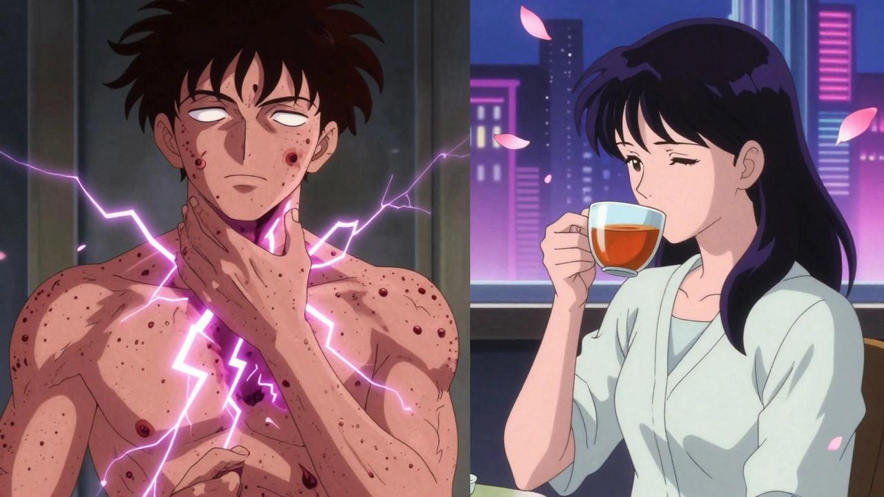 Contrasting true allergy (dark hives) vs. harmless itching (gentle petals) in anime style