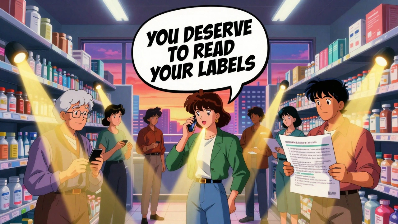 Diverse group in pharmacy with large print labels and phone apps, golden light beams highlighting them.