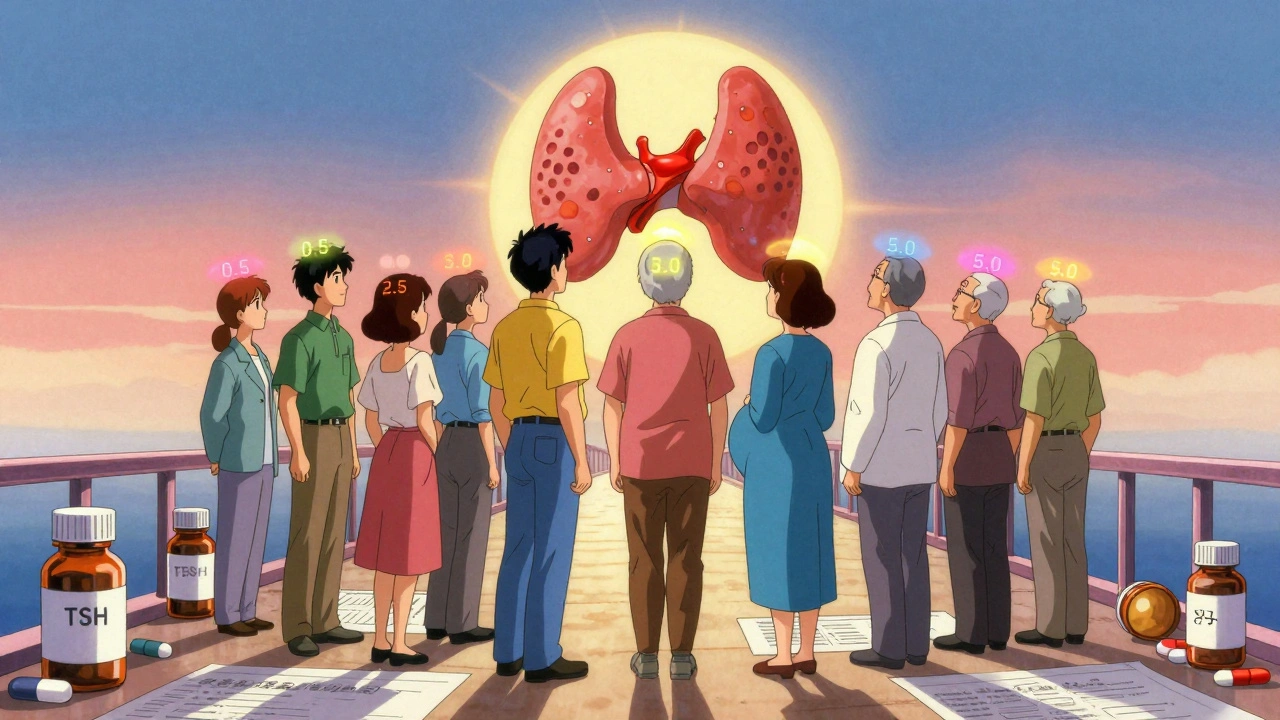 Diverse group with personalized TSH targets glowing above them, walking toward a thyroid-shaped sun.